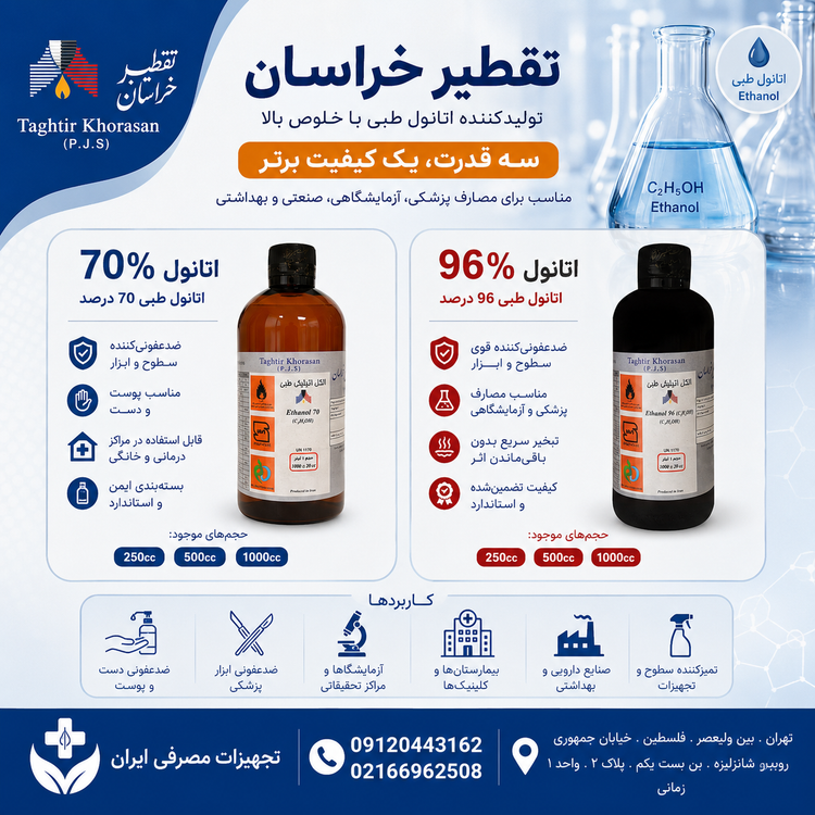 الکل طبی 96 درصد تقطیر خراسان حجم 1000 میلیلیتر